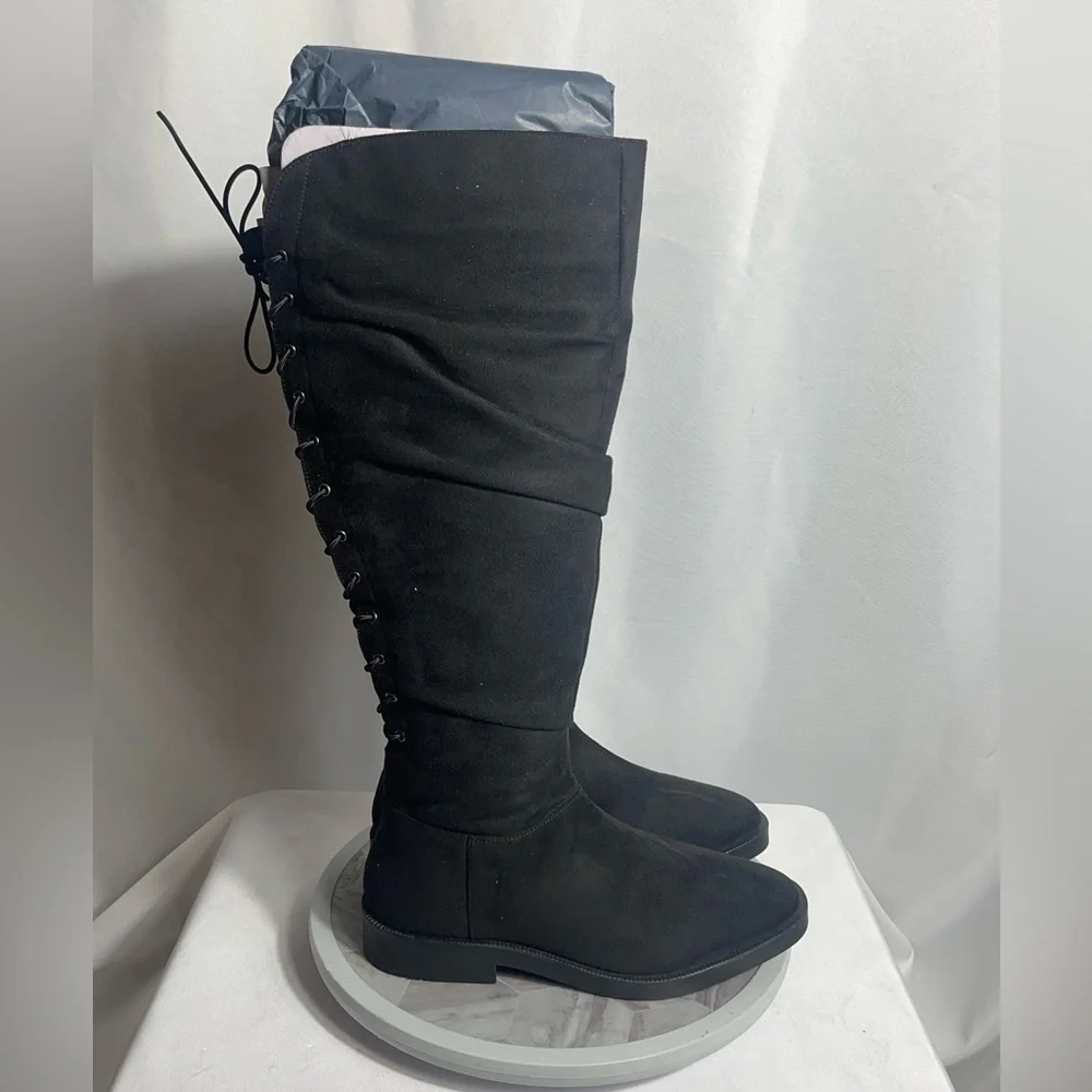 Journee Collection Mirinda Black Knee-High Lace Back Boots Size 8